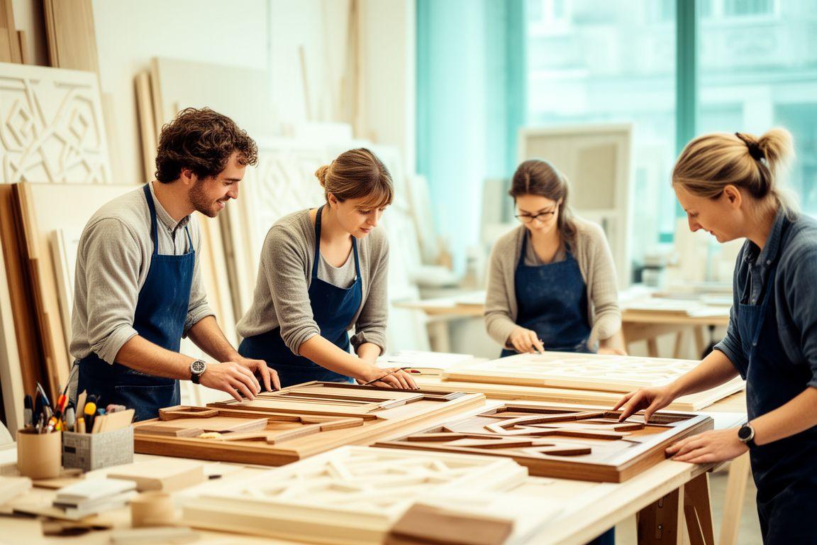 Team von Aethera Panels in einem hellen Zürcher Atelier mit grossen Holzmustern und fein sortierten Materialproben