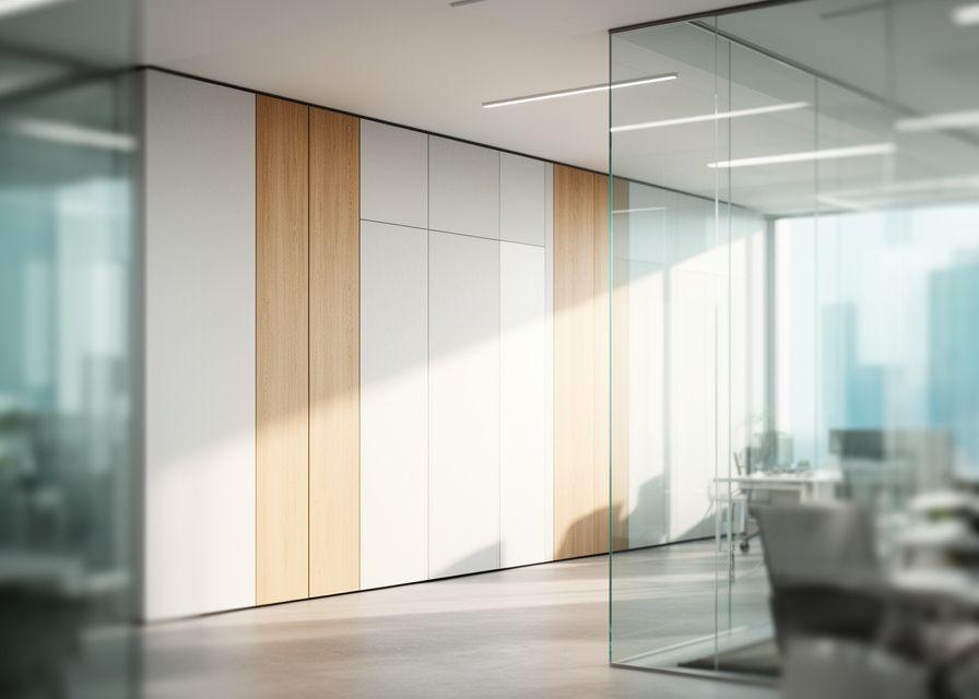 Modernes Büro mit hellen dekorativen Wandpaneelen, Glas und natürlichem Licht