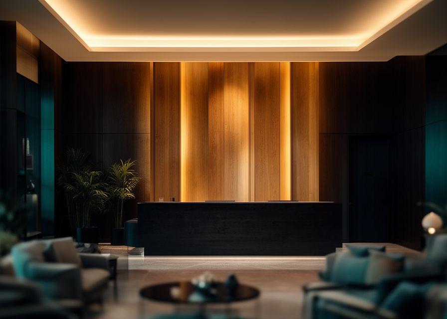 Stilvoller Hospitality-Bereich mit dekorativen Wandpaneelen und warmer Beleuchtung
